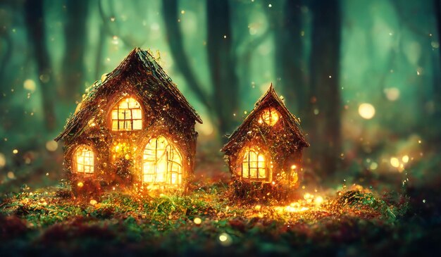 Photo photo small fairy tale sparkling house in magic forest ai generated