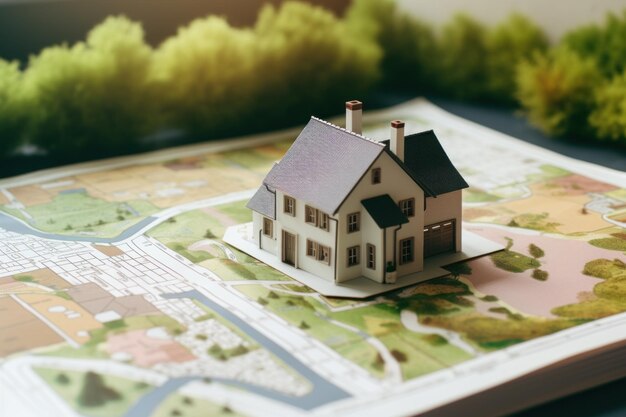 Фотография модели небольшого дома на бумаге для брошюры с картой