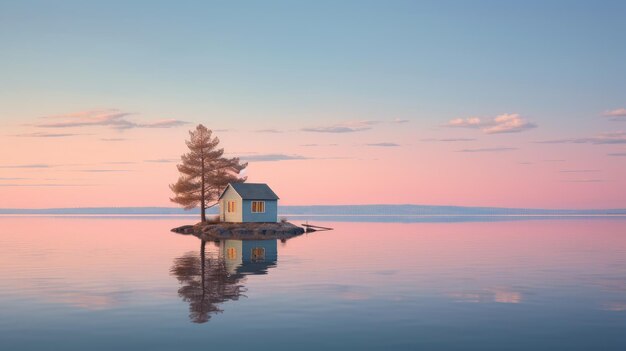 A photo of a small island with a lone cabin calm waters in the background