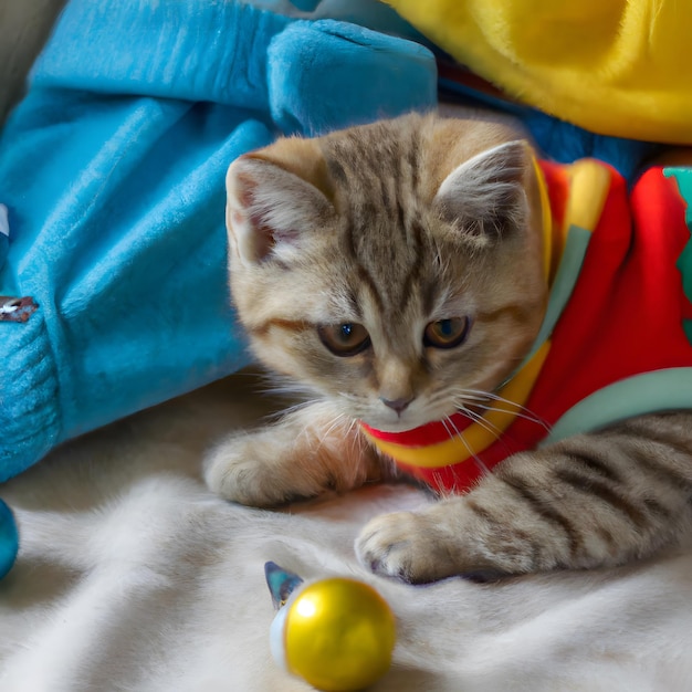 Photo of small kitten in a sweater and toys ai image generated