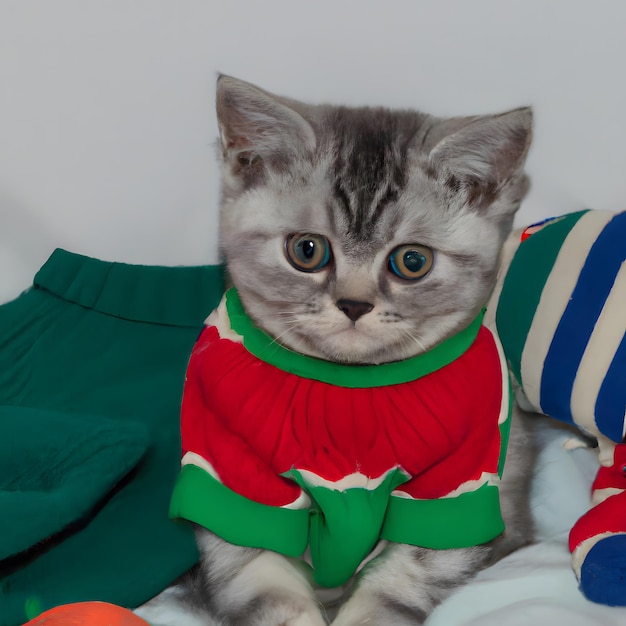 Photo of small kitten in a sweater and toys ai image generated