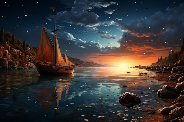 photo of a small sailboat in the night sea