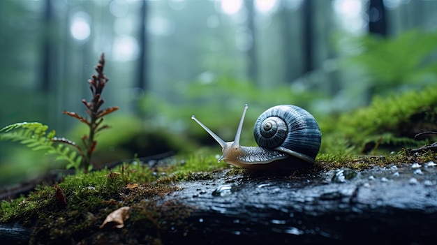 A photo of a small snail on a wet rock rainy forest background