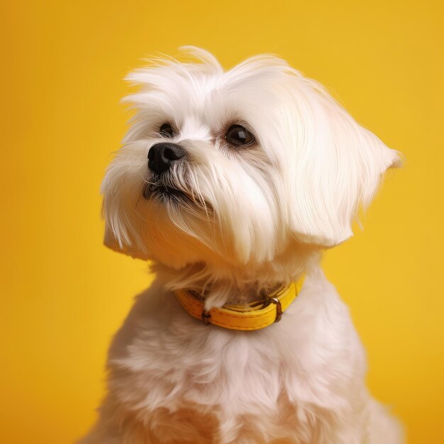 PHOTO A small white dog with a yellow collar sits in front of a yellow background