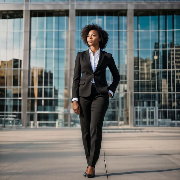 photo of smart african woman with black business suit at big modern city generative AI