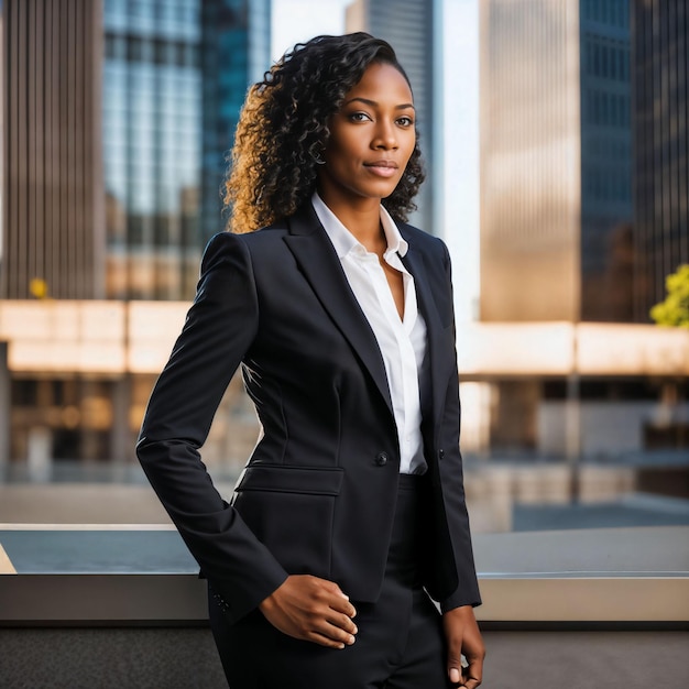 photo of smart african woman with black business suit at big modern city generative AI