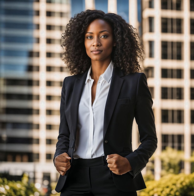 photo of smart african woman with black business suit at big modern city generative AI