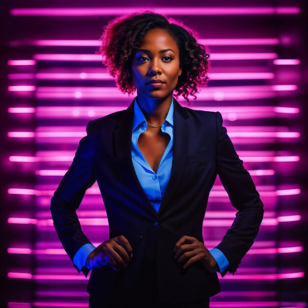 Photo of smart african woman with business suit at neon mxied red and blue light sci fi background generative ai