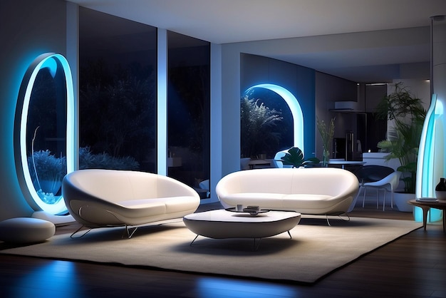 Photo photo smart home concept with neon light modern bedroomgenerative ai