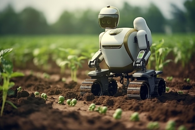photo smart robotic farmers concept robot farmers agriculture technology farm automation