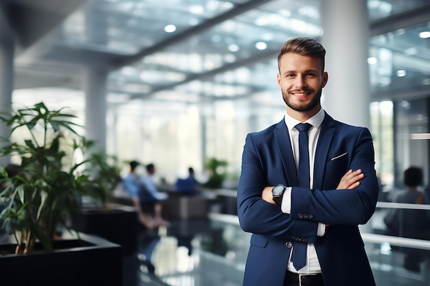 Photo of a Smiley Businessman Posing Indoor With Arms Crossed and Copy Space