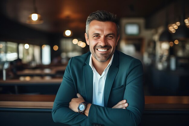 Photo of a Smiley Businessman Posing Indoor With Arms Crossed and Copy Space