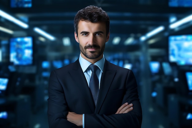 Photo of a Smiley Businessman Posing Indoor With Arms Crossed and Copy Space