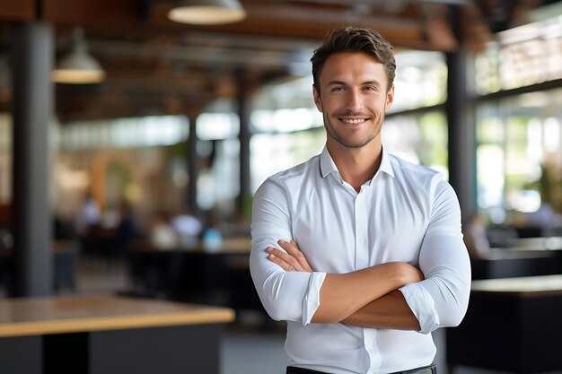 Photo of a Smiley Businessman Posing Indoor With Arms Crossed and Copy Space