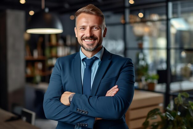 Photo of a Smiley Businessman Posing Indoor With Arms Crossed and Copy Space