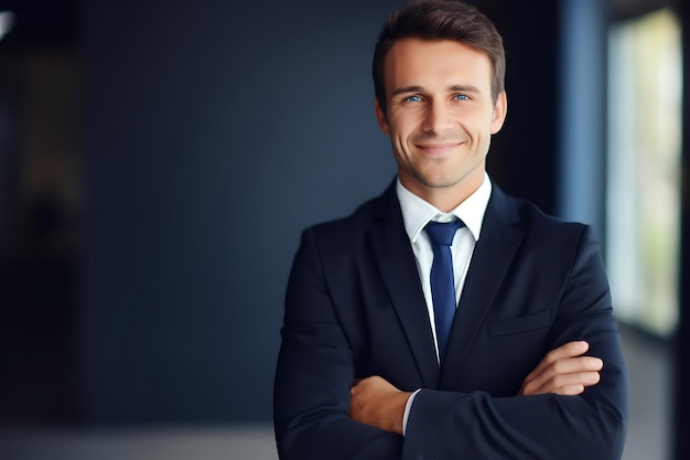 Photo photo of a smiley businessman posing indoor with arms crossed and copy space