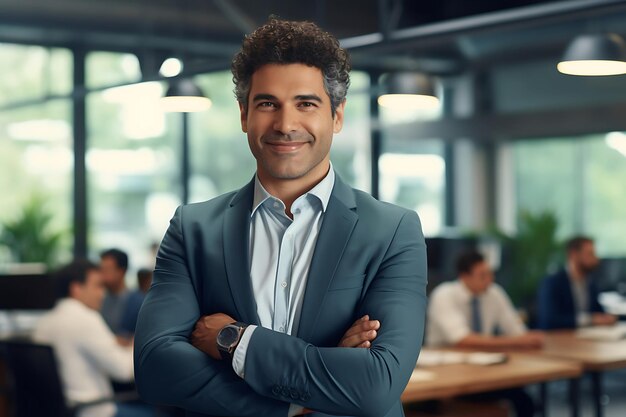 Photo of a Smiley Businessman Posing Indoor With Arms Crossed and Copy Space