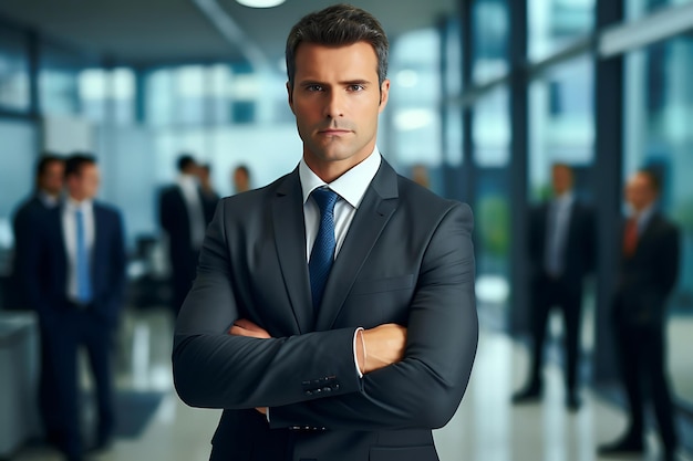 Photo of a Smiley Businessman Posing Indoor With Arms Crossed and Copy Space