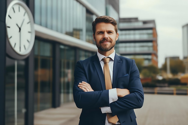 Photo photo of a smiley businessman posing outdoor with arms crossed and copy space