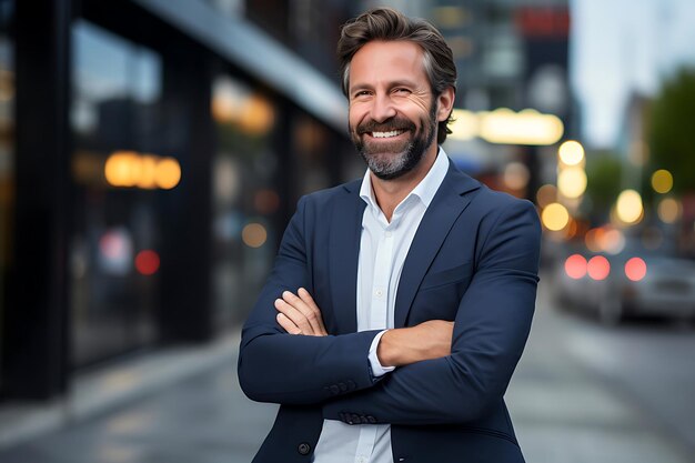 Photo photo of a smiley businessman posing outdoor with arms crossed and copy space