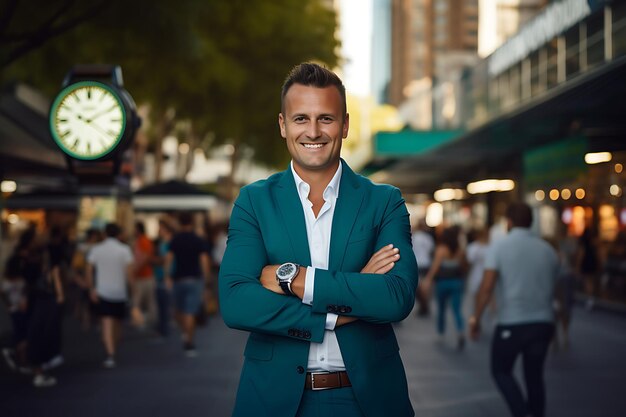 Photo of a Smiley Businessman Posing Outdoor With Arms Crossed and Copy Space