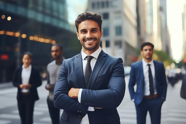 Photo of a Smiley Businessman Posing Outdoor With Arms Crossed and Copy Space