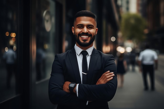 Photo photo of a smiley businessman posing outdoor with arms crossed and copy space