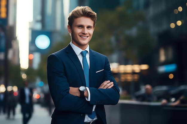 Photo of a smiley businessman posing outdoor with arms crossed and copy space