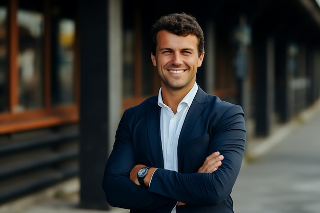 Photo of a Smiley Businessman Posing Outdoor With Arms Crossed and Copy Space