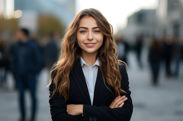 Foto foto di una donna d'affari sorridente che posa all'aperto con le braccia incrociate