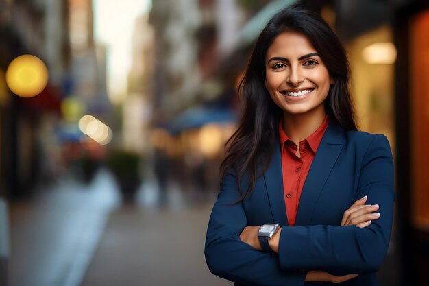 Photo photo of a smiley businesswoman posing outdoor with arms crossed