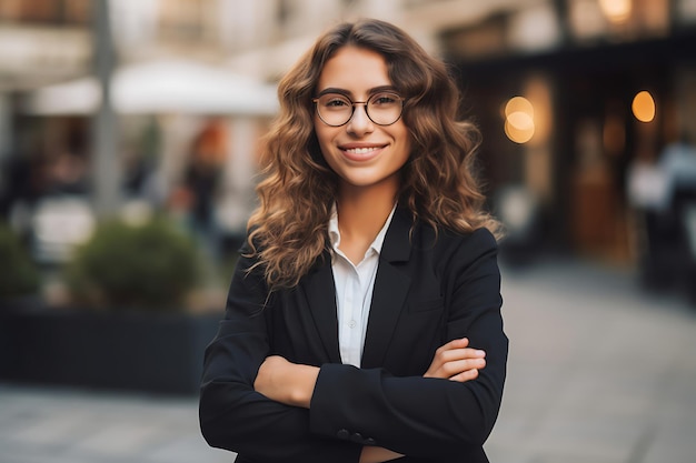 Foto foto di una donna d'affari sorridente che posa all'aperto con le braccia incrociate