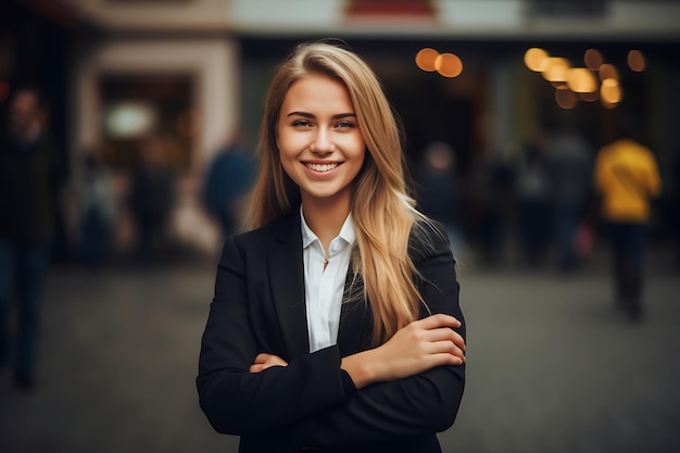 Photo photo of a smiley businesswoman posing outdoor with arms crossed