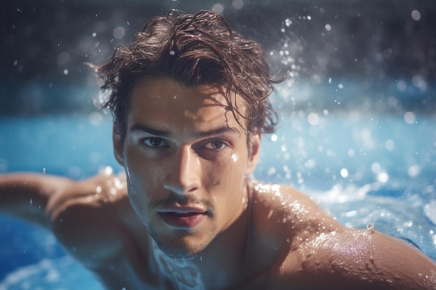 Улыбающийся мужчина-плаватель позирует в бассейне, сгенерированном ИИ
