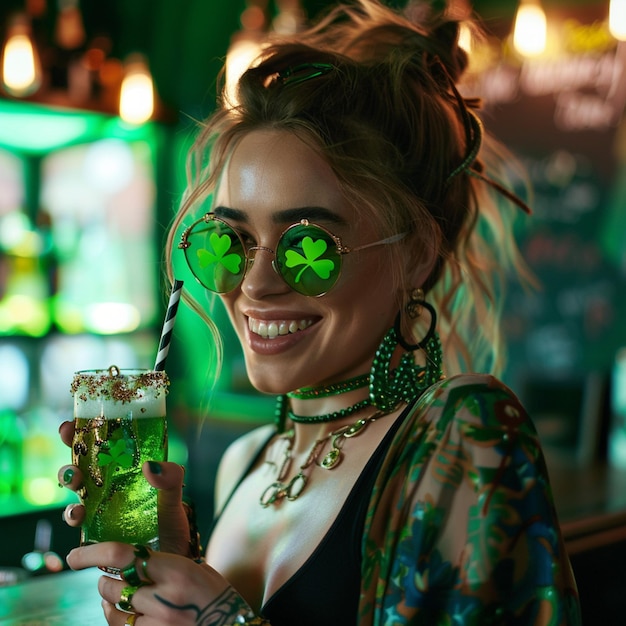 photo smiley woman with shamrock glasses celebrating st patricks day at the bar with