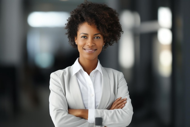 Фото улыбающейся афроамериканской деловой женщины с скрещенными руками