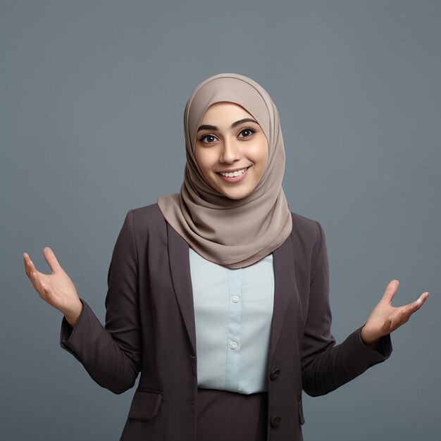 Photo smiling arab woman with blank banner for business logo