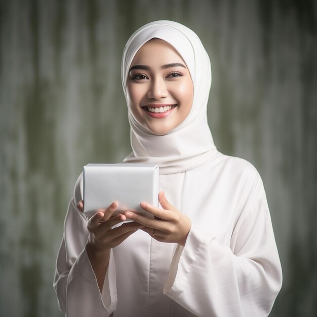 Photo photo smiling arab woman with blank banner for business logo