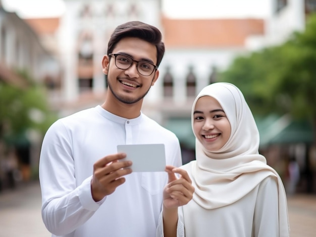 Photo smiling arab woman with blank banner for business logo