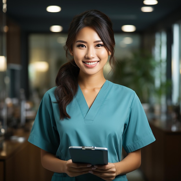 photo smiling asian doctor female nurse holding clipboard and pen wearing uniform with gloves writin