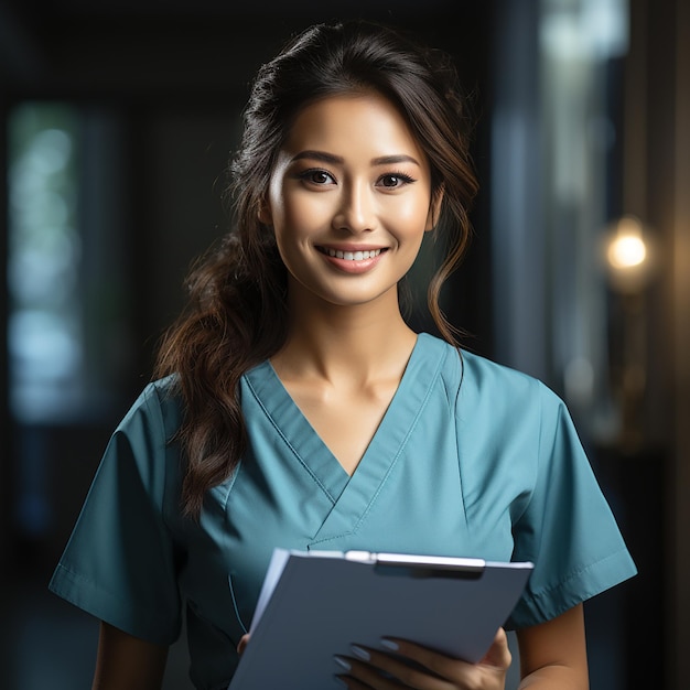 фото улыбающаяся азиатка-врач женщина-медсестра держит планшет и ручку в униформе и пишет в перчатках