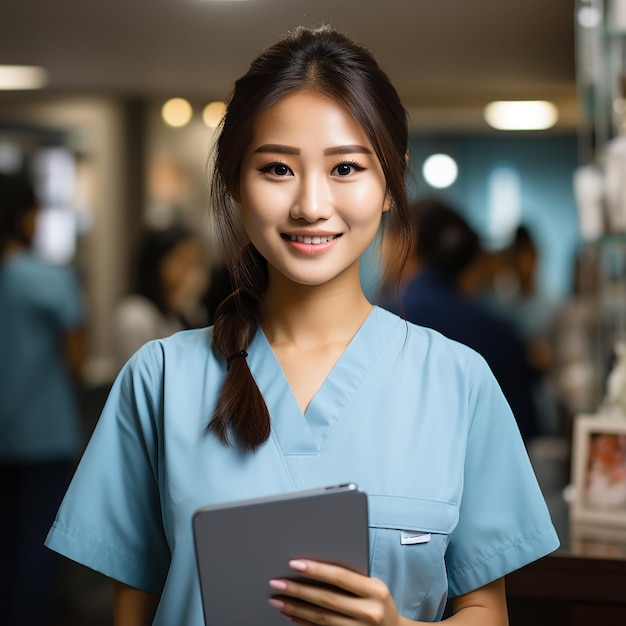 Photo photo smiling asian doctor female nurse holding clipboard and pen wearing uniform with gloves writin