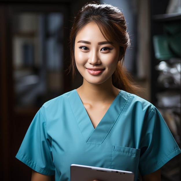 Photo photo smiling asian doctor female nurse holding clipboard and pen wearing uniform with gloves writin