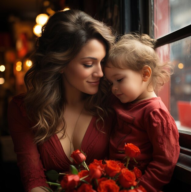 Photo photo of smiling baby and mother happy baby and mother portrait of mother and baby in red clothes