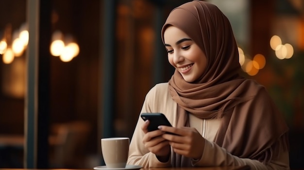 Фото улыбающейся красивой азиатской мусульманки в коричневом свитере