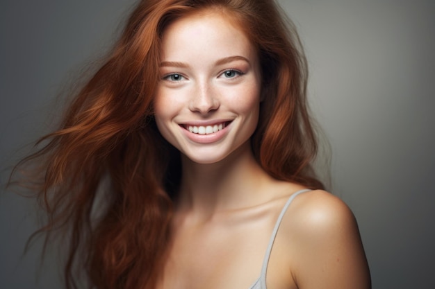 Photo smiling beautiful very cute face of fit red hair girl with freckles