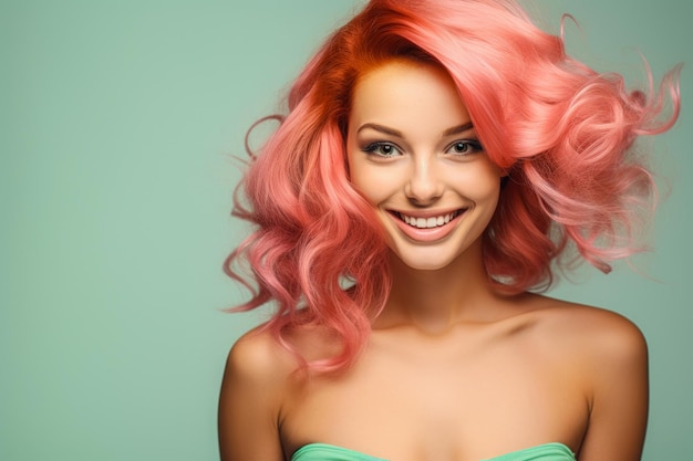 Photo smiling beautiful very cute face of fit vibrant pink red hair girl skin care