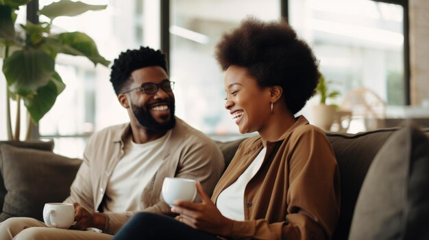 Photo photo smiling black couple on sofa drinking coffee and enjoying conversation indoors