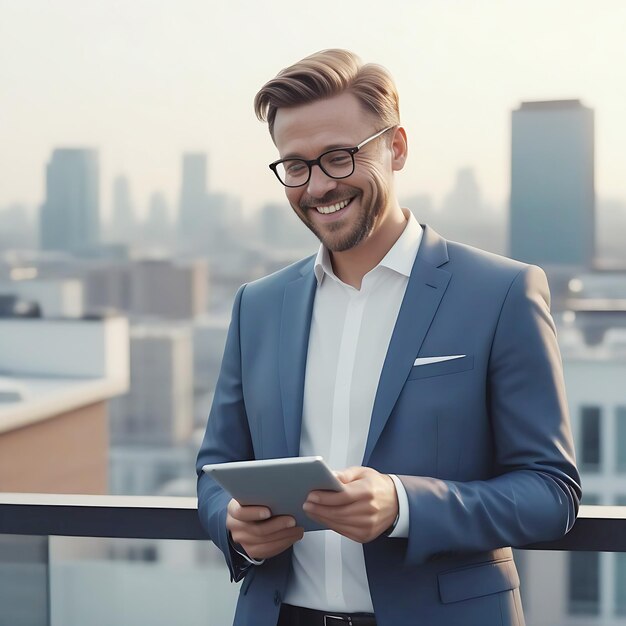 Photo smiling businessman in formal wear using tablet while standing on the rooftop