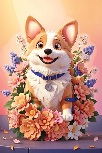 Photo smiling cute corgi holding bouquet in colorful flowers isolated warm background